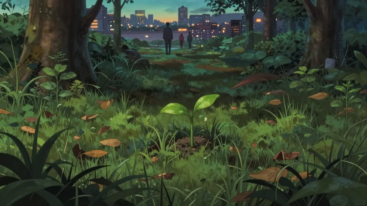 Quiet digital garden with lone tree symbolizing dormant crypto project in Ghibli art