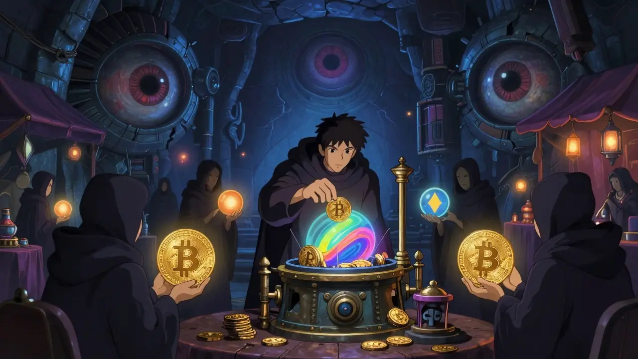 Shadowy figures trading glowing crypto orbs in secret underground market