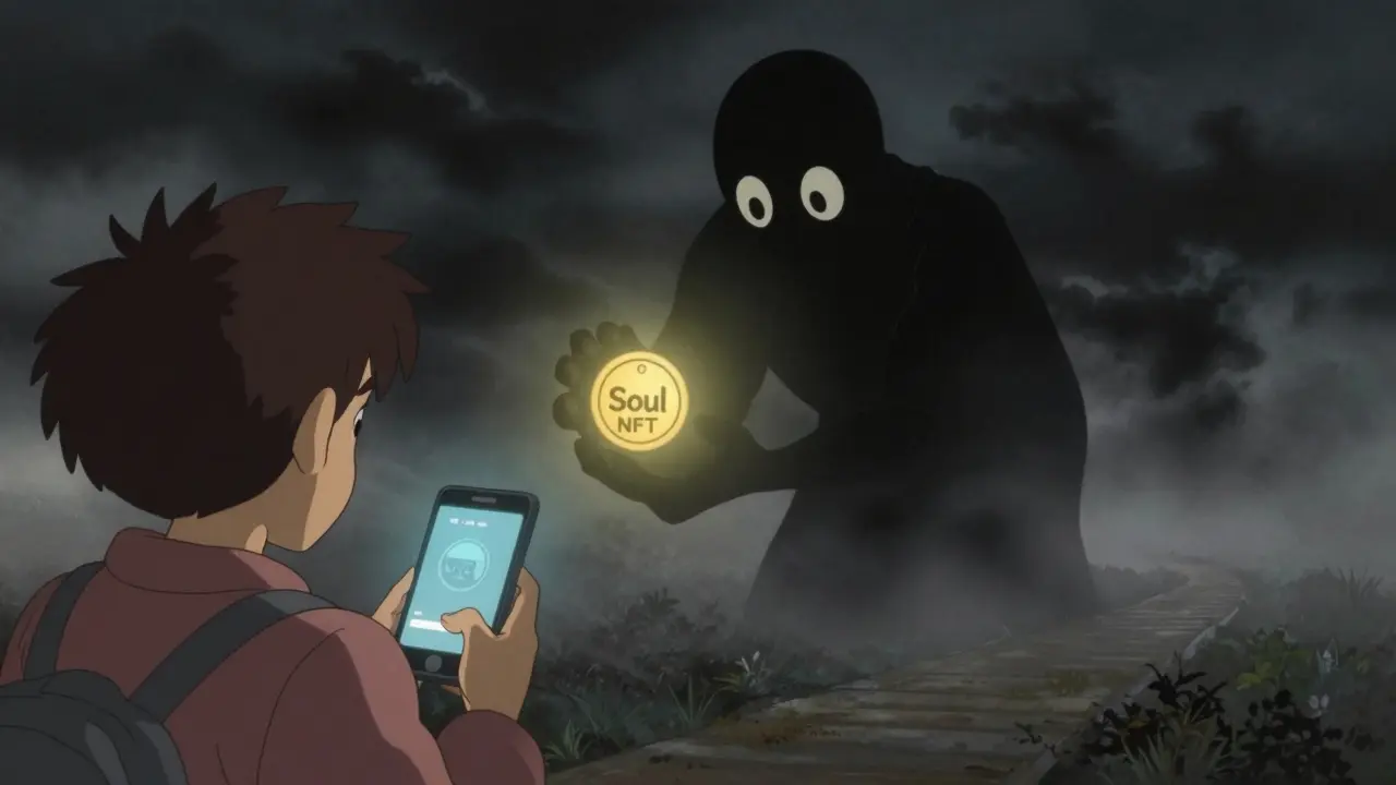 Shadowy scammer offering fake NFT token in anime art style