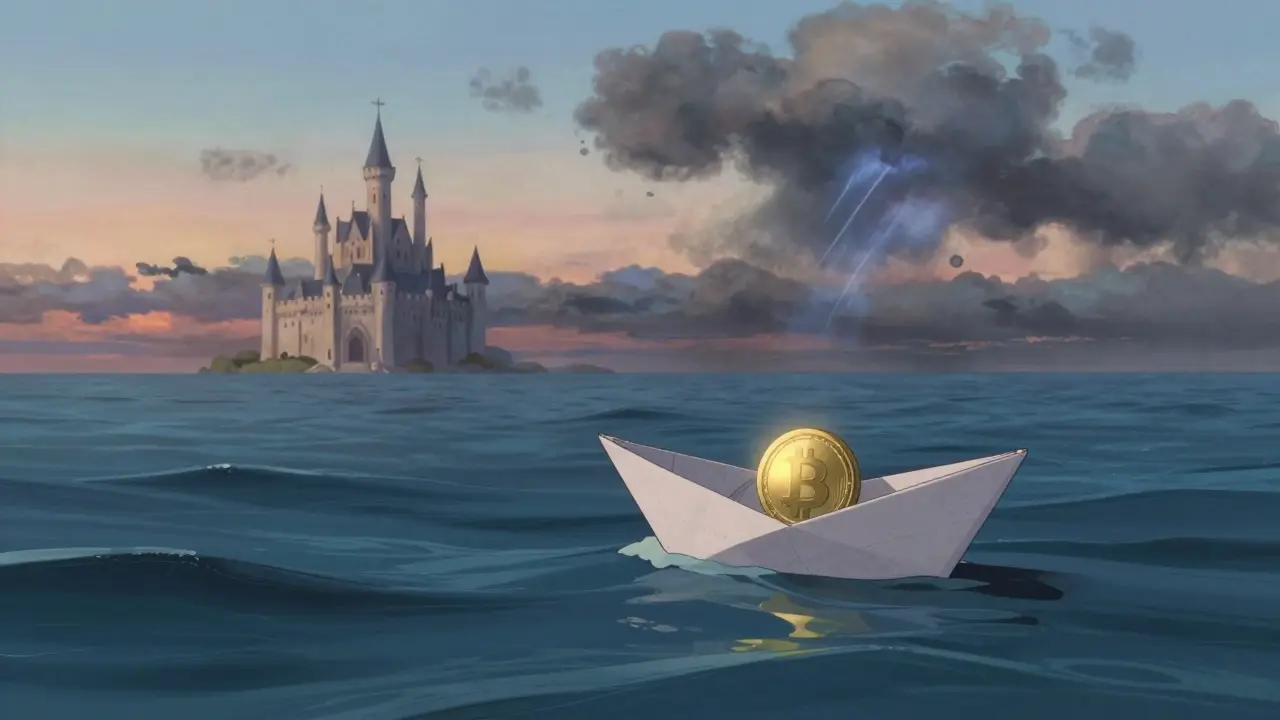 Small boat sailing on turbulent sea towards distant castle in Ghibli art