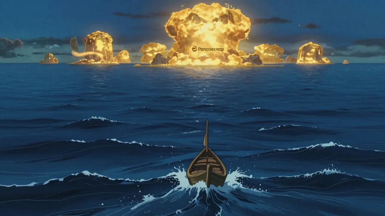 Small boat struggling in choppy waters near safe, glowing islands