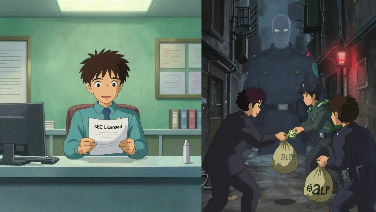 Split scene contrasting safe licensed banking with risky P2P trading in anime style