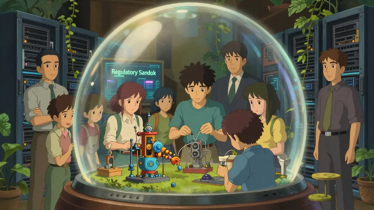 Startups testing ideas in a glowing sandbox dome, Studio Ghibli style