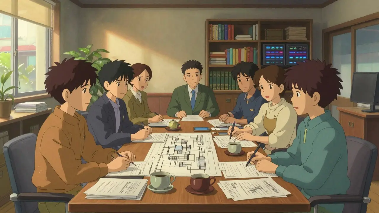 Team reviewing compliance docs in a sunlit Ghibli office