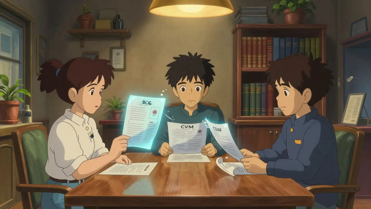 Three regulators reviewing holographic docs in cozy office, Studio Ghibli style