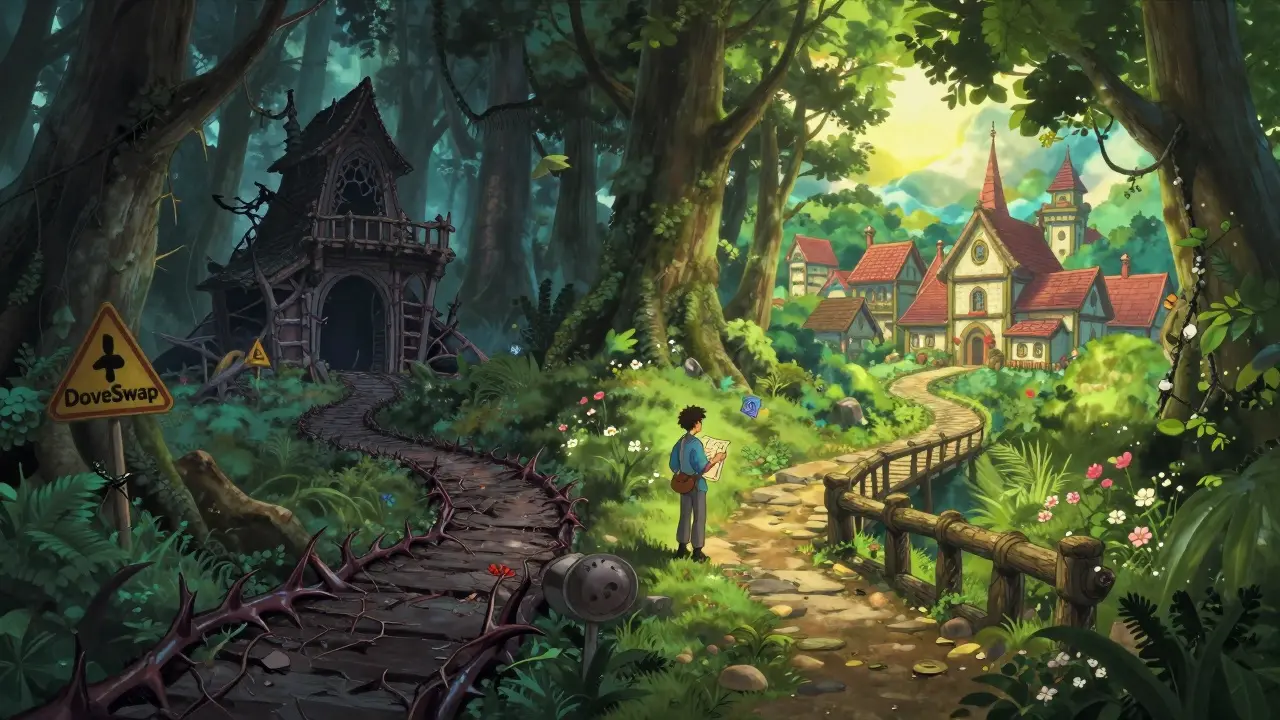 Traveler at a crossroads choosing between a dark, decaying path and a bright, safe village.