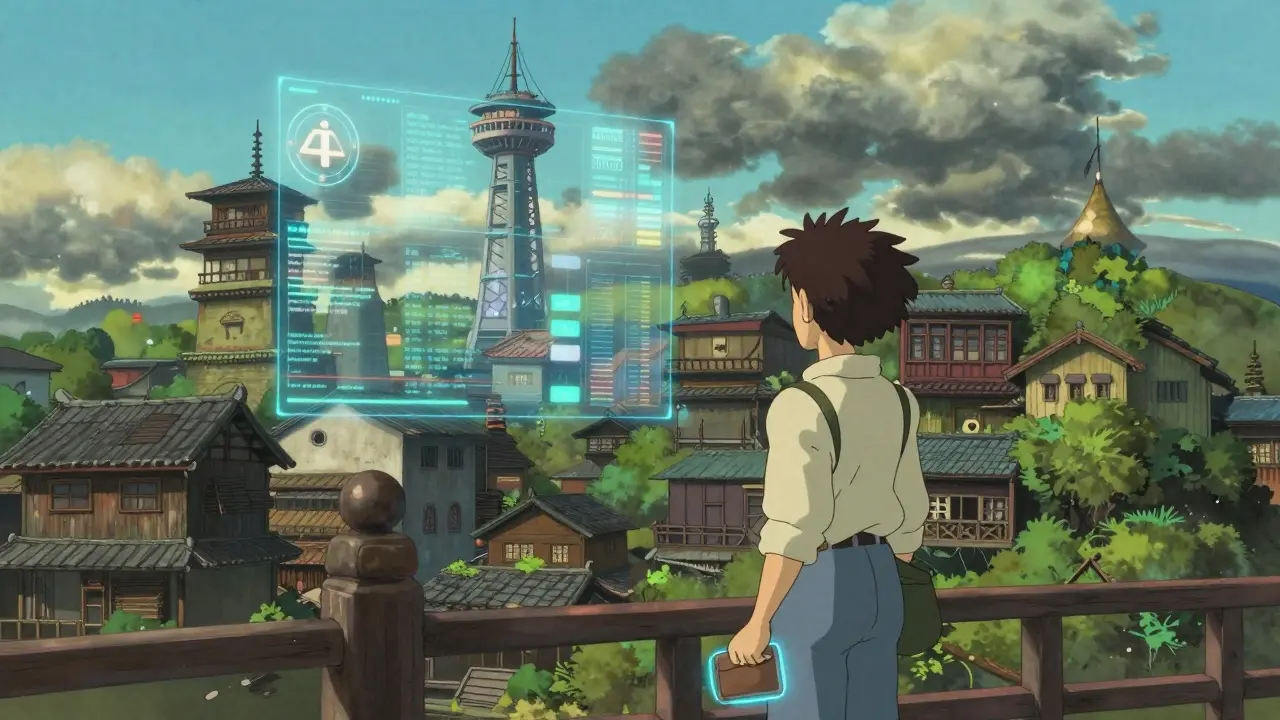 Traveler on bridge with glowing wallet under mixed sky over city