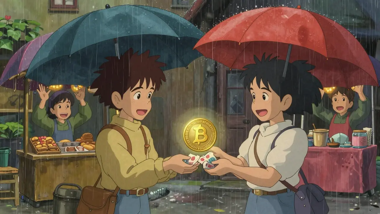 Two characters in a rainy, charming town square exchange a glowing digital coin for cash under colorful umbrellas. The scene illustrates peer-to-peer trading as a warm, trustworthy community interaction, rendered in detailed watercolor and anime aesthetics.