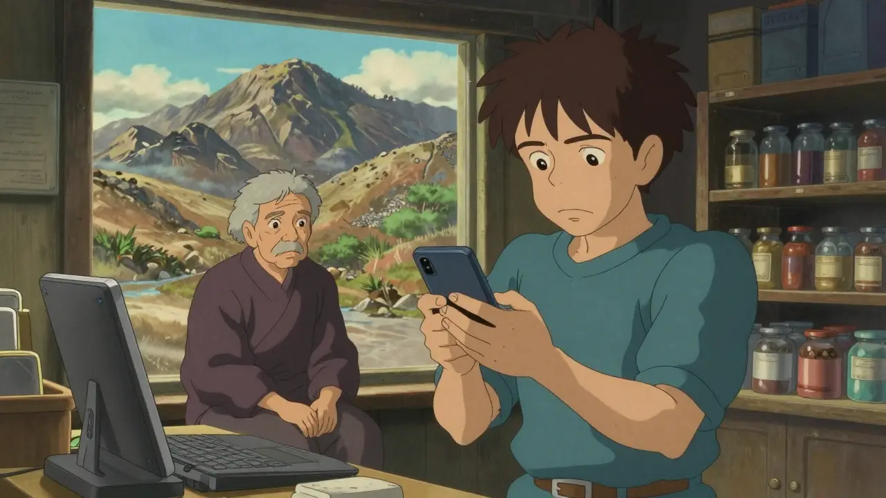 Vendor struggling with tech connectivity in remote area, Ghibli style