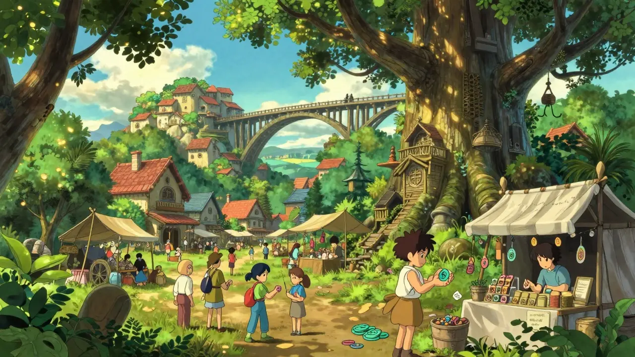Vibrant tree-village market with characters trading tokens, Ghibli art