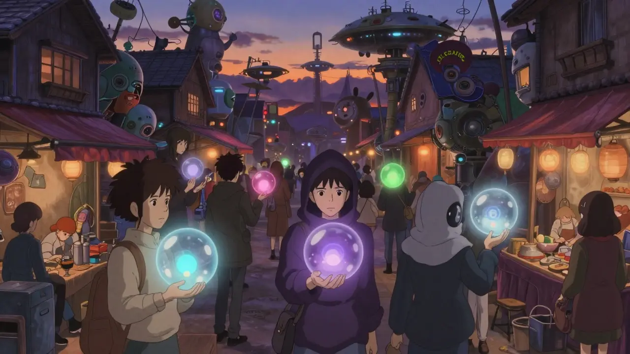 Whimsical anime marketplace where characters exchange glowing orbs, some hidden by fog, showing various privacy coins.