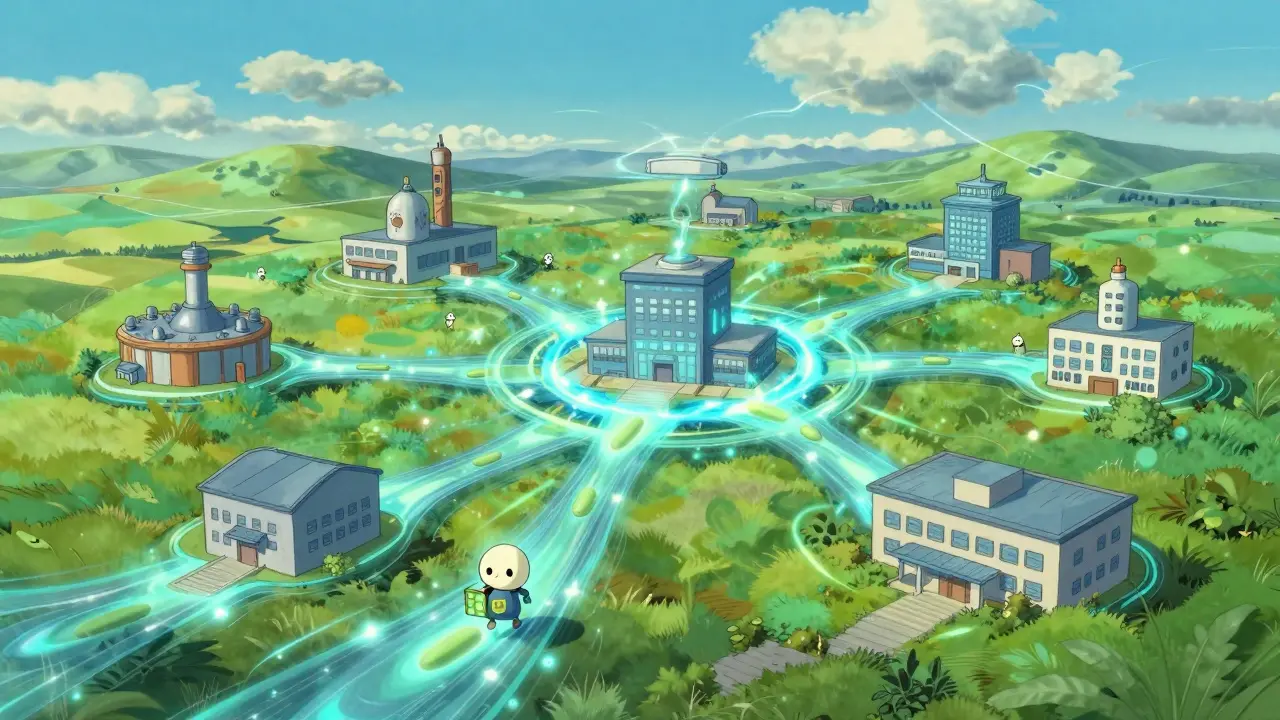 Whimsical blockchain network visualization with nature and spirits in Ghibli art