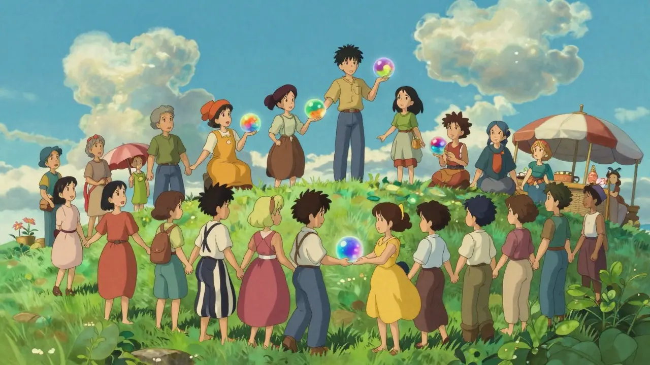 Whimsical sky marketplace where diverse fans trade colorful asset orbs