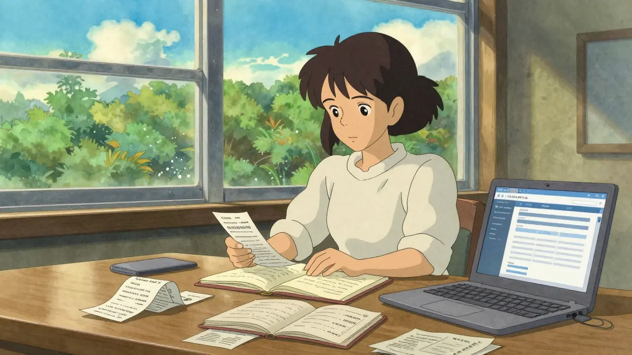 Woman organizing financial records peacefully at a sunlit desk in Ghibli art style