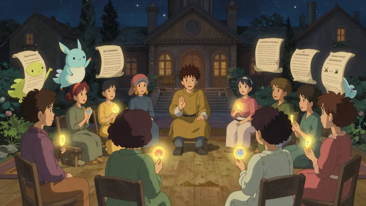 A communal town hall gathering with AI helpers and reputation badges, illustrating sustainable DAO culture.