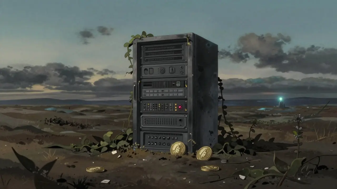 An abandoned, dusty server in a barren field representing a neglected crypto network.
