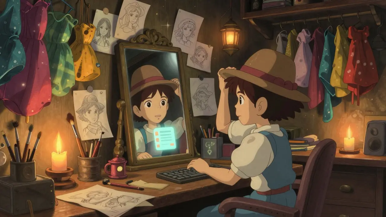 An avatar customizing clothes in a cozy, magical digital workshop.