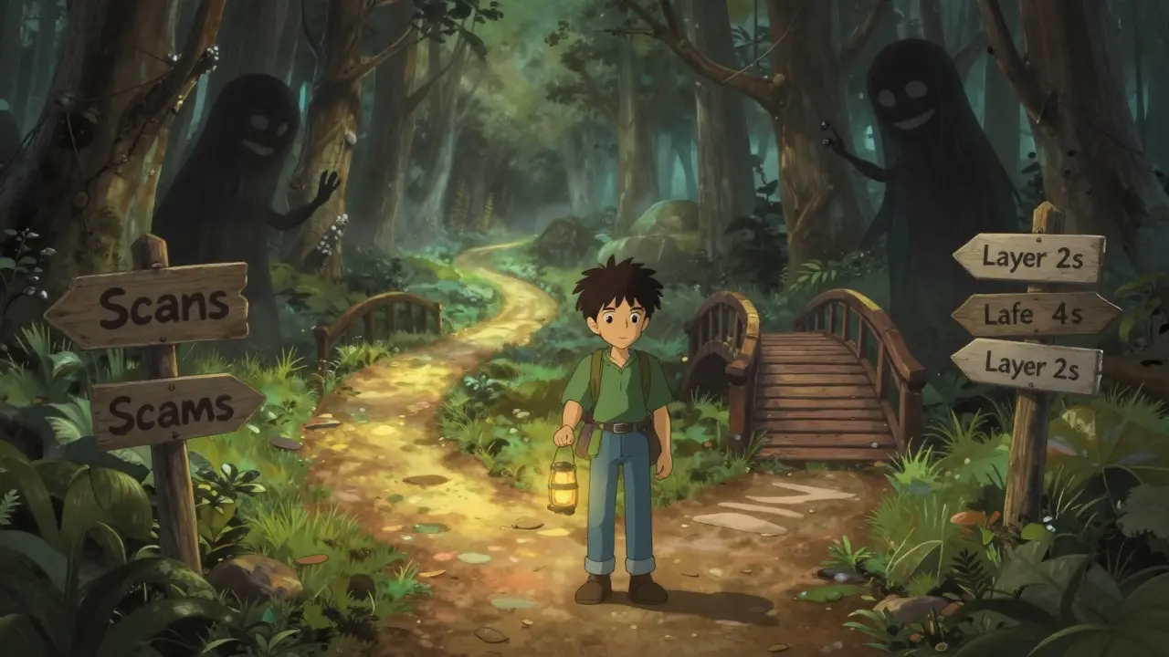 Anime character choosing a safe path through a mystical digital forest