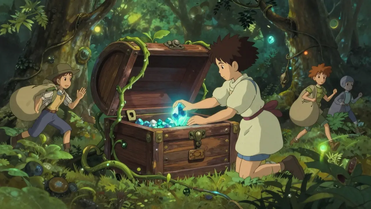 Anime character locking a glowing gem in a wooden chest in a peaceful forest