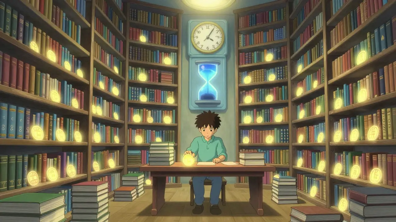 Anime character organizing glowing crypto record books in a magical library