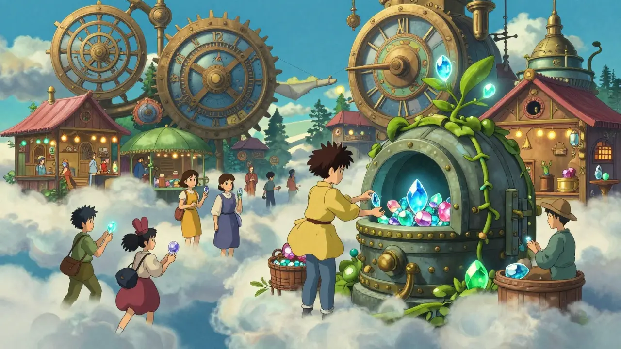 Anime marketplace scene depicting users trading liquid staking tokens for yields