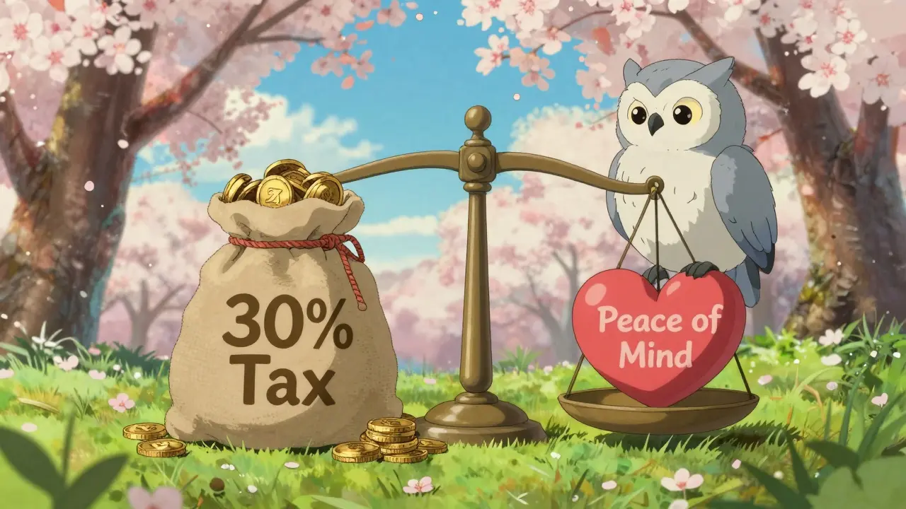 Anime style: Balanced scale showing tax burden vs peace of mind