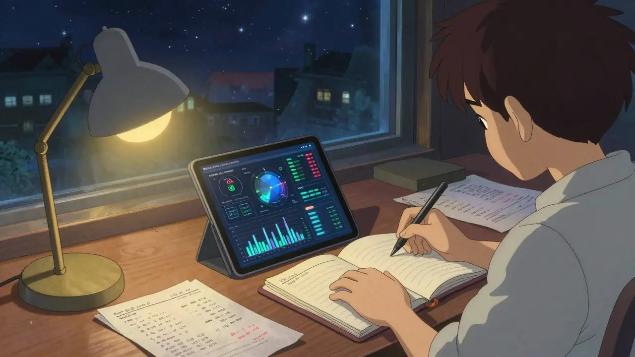 Anime style person studying tax documents and charts at a desk at night