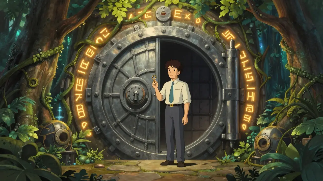 Anime style secure vault in a forest representing safe crypto storage