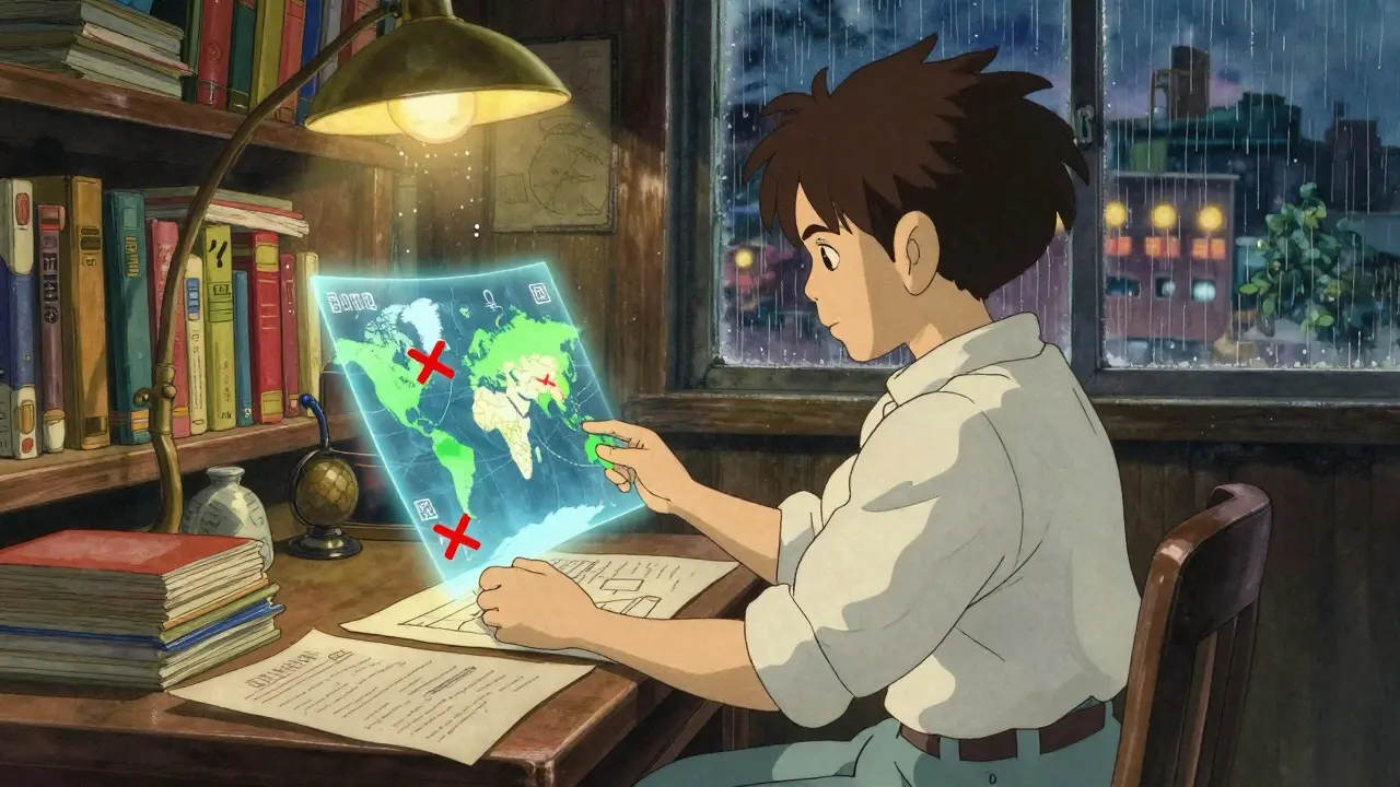 Anime-style trader analyzing a global access map in a rainy, cozy room, highlighting jurisdiction limits.