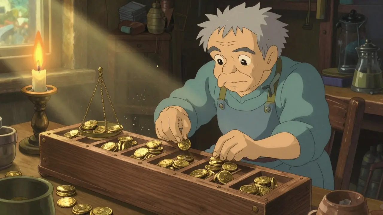 Artisan carefully placing coins into specific slots on a balance scale in a cozy workshop