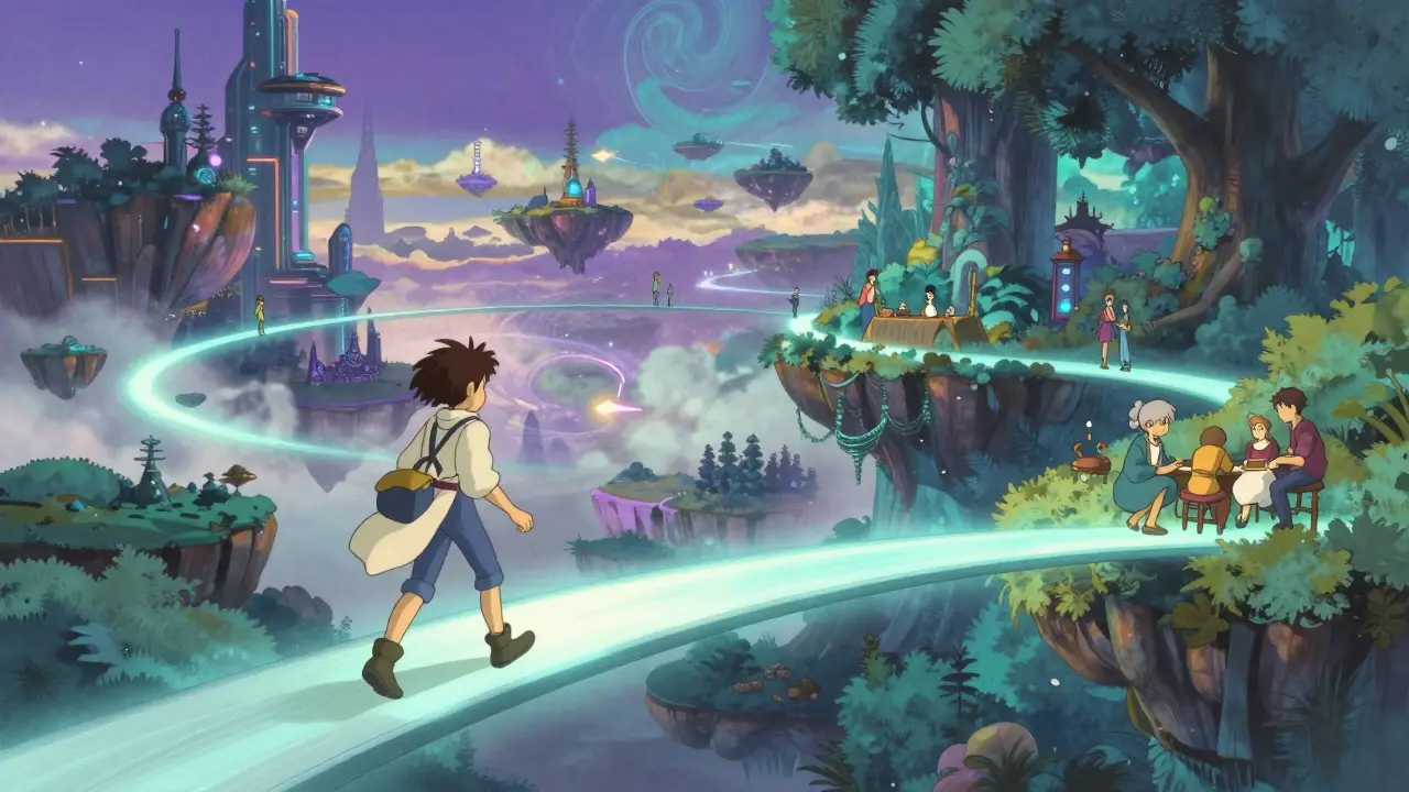 Avatars walking across a light bridge connecting different virtual worlds.