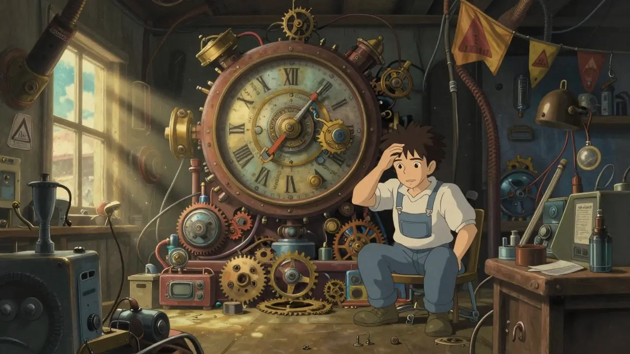Broken steampunk machinery in a workshop representing technical failure