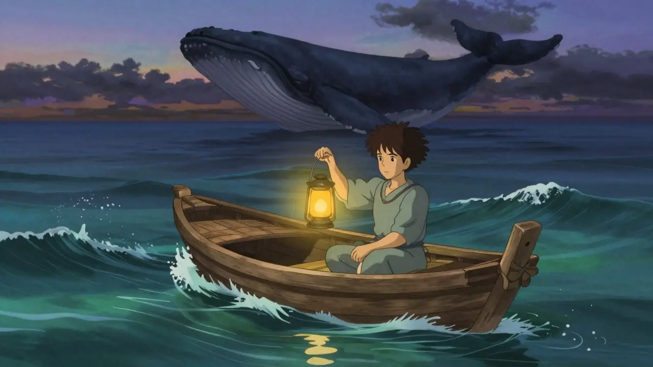 Calm trader in a boat with a protective lantern against dark waves