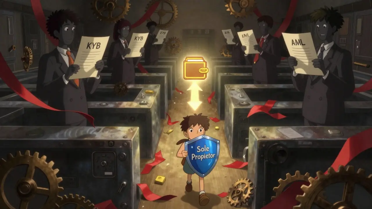 Character navigating bureaucratic maze of payment processor requirements