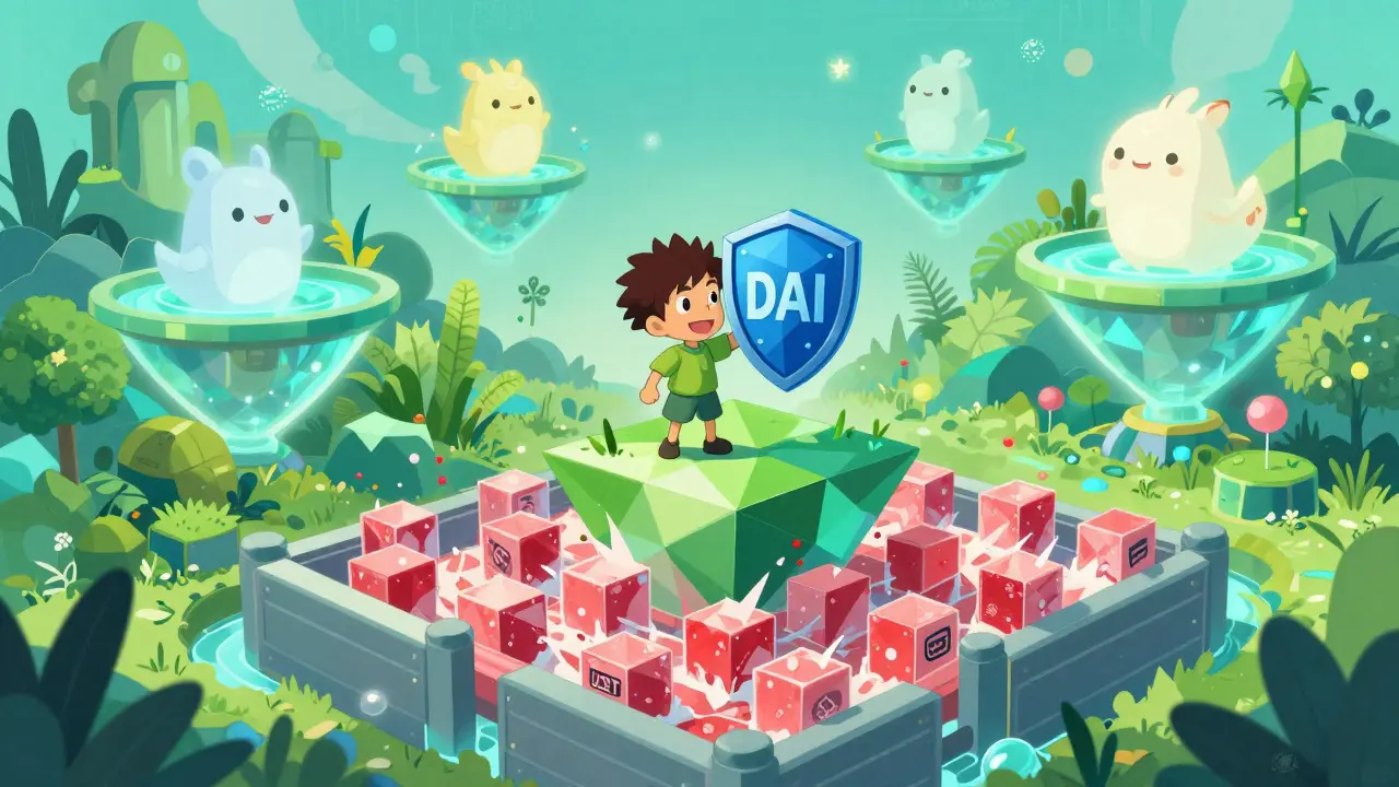 Character navigating safe digital assets on Polygon network in anime style
