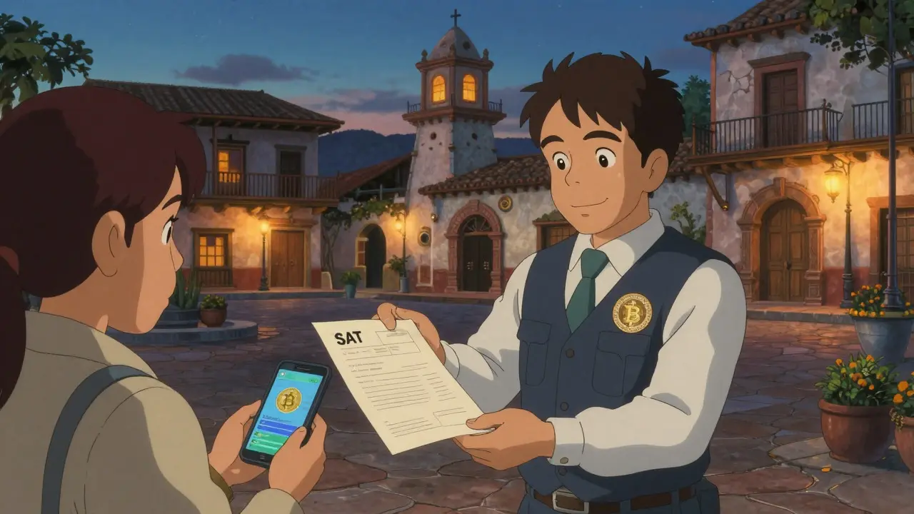 Citizen receiving tax guidance from an official in a Mexican town square.