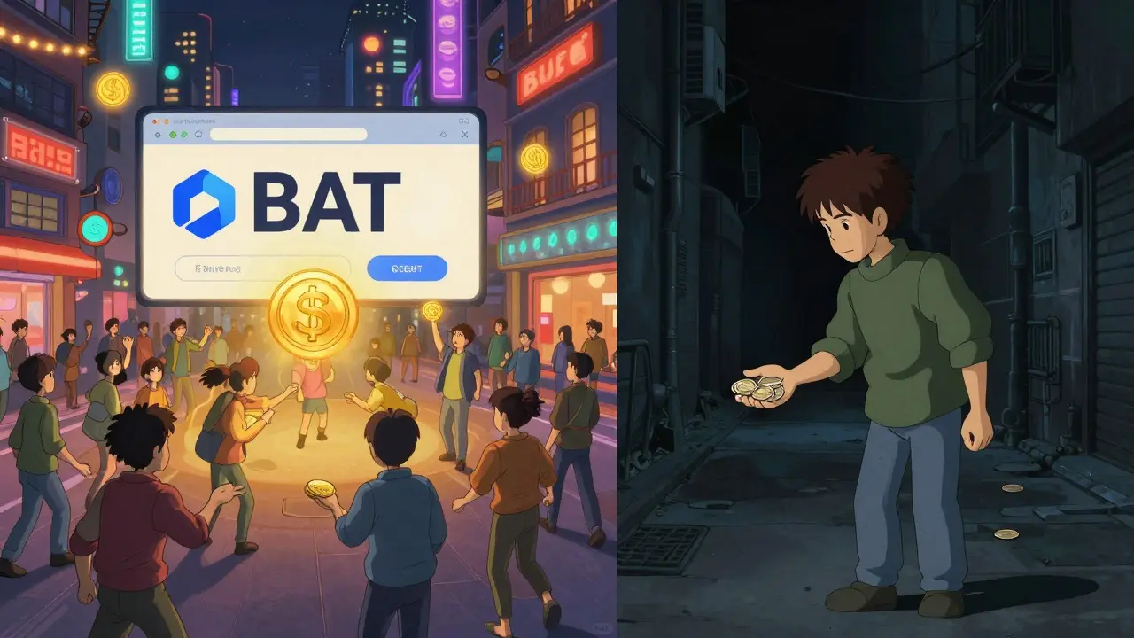 Contrast between a vibrant crypto city and a lonely figure failing to sell tokens.