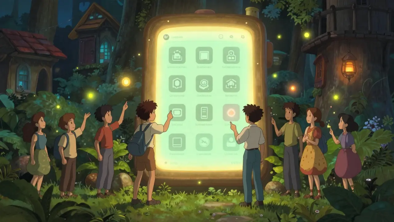 Diverse characters use a simple, glowing interface to vote easily in a vibrant, magical community hub.
