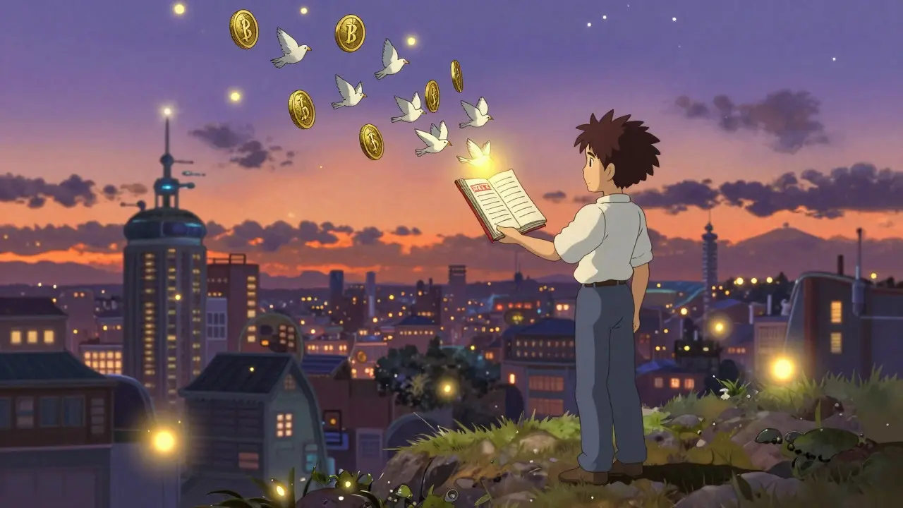 Entrepreneur managing crypto taxes and records in a magical landscape