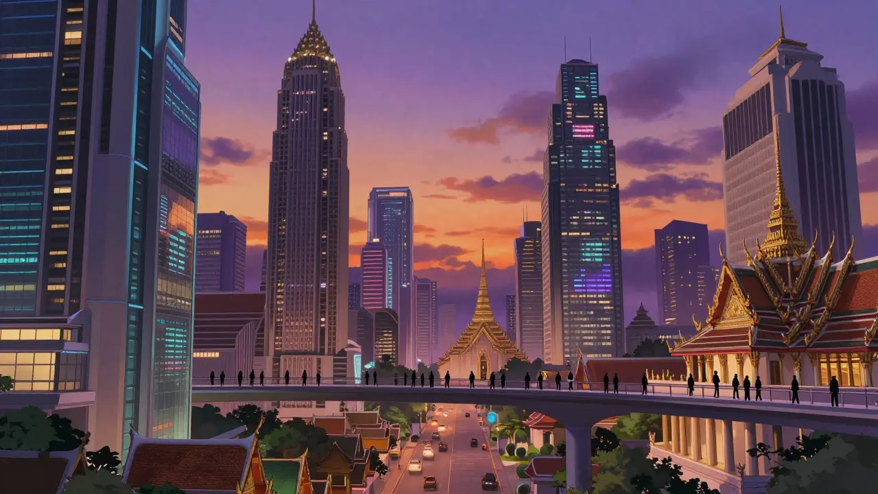 Futuristic Thai financial district skyline at twilight with glowing lights