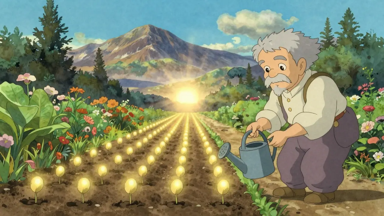 Garden path with glowing seeds being planted, symbolizing steady investment growth