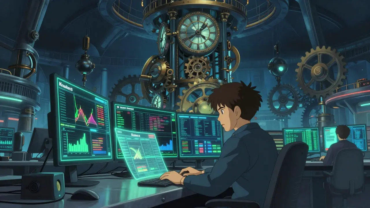Ghibli style advanced trader using complex tools in a high-tech tower