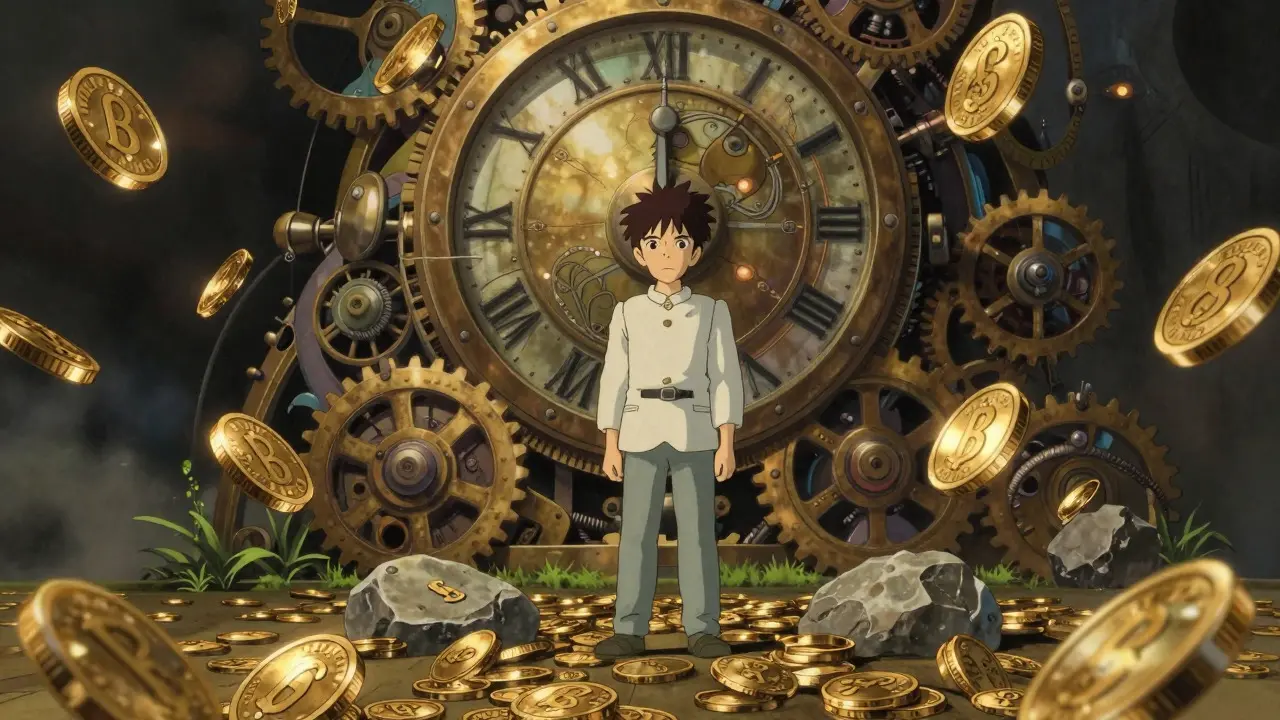 Ghibli style art of character surrounded by floating golden coins and clockwork