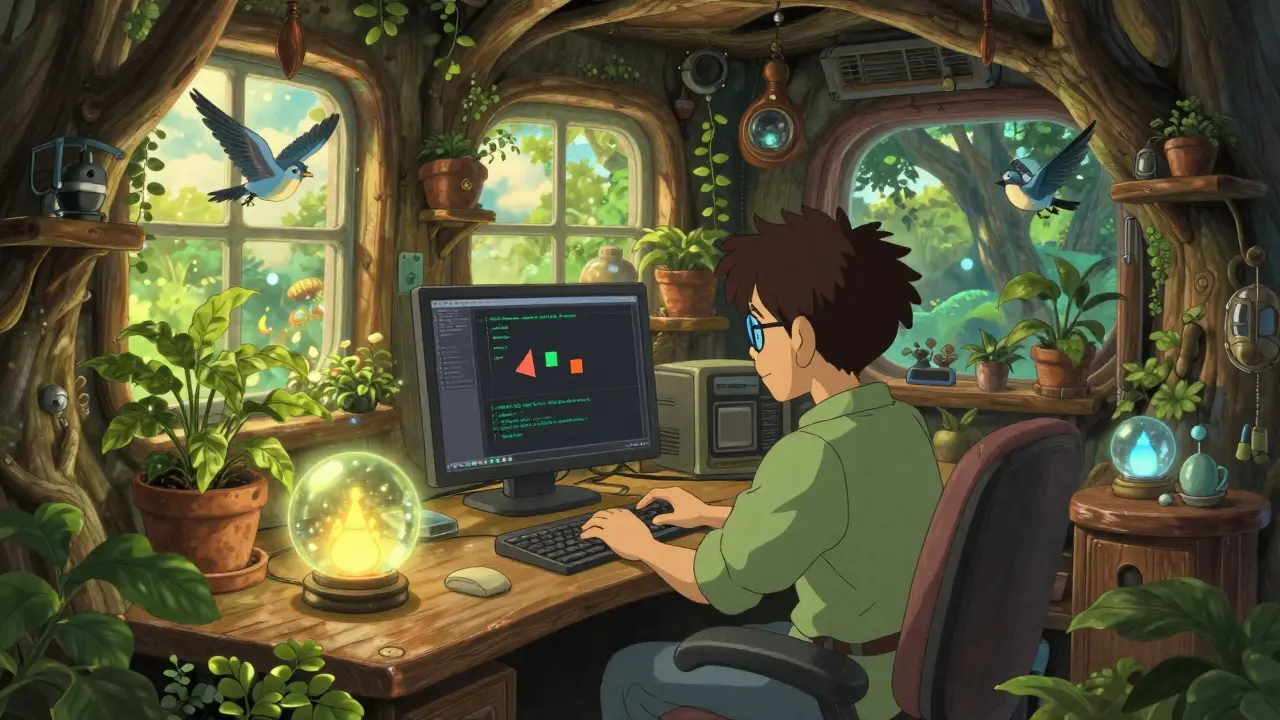 Ghibli style developer coding safely with fake DEV tokens in a treehouse