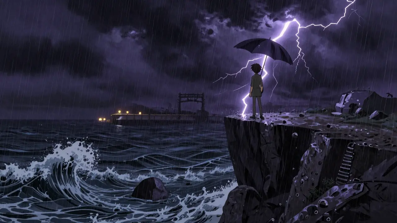 Ghibli-style figure braving a stormy sea representing market volatility