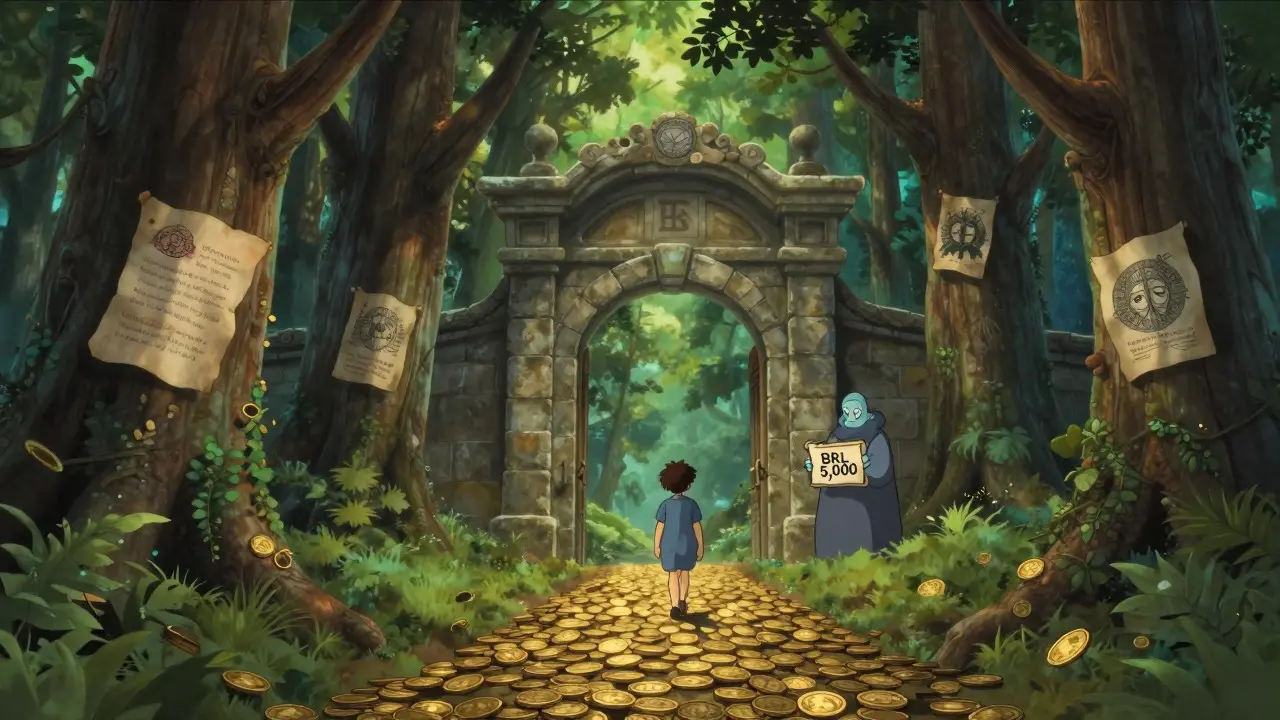 Ghibli style forest path leading to a gate marked with BRL 5,000 limit