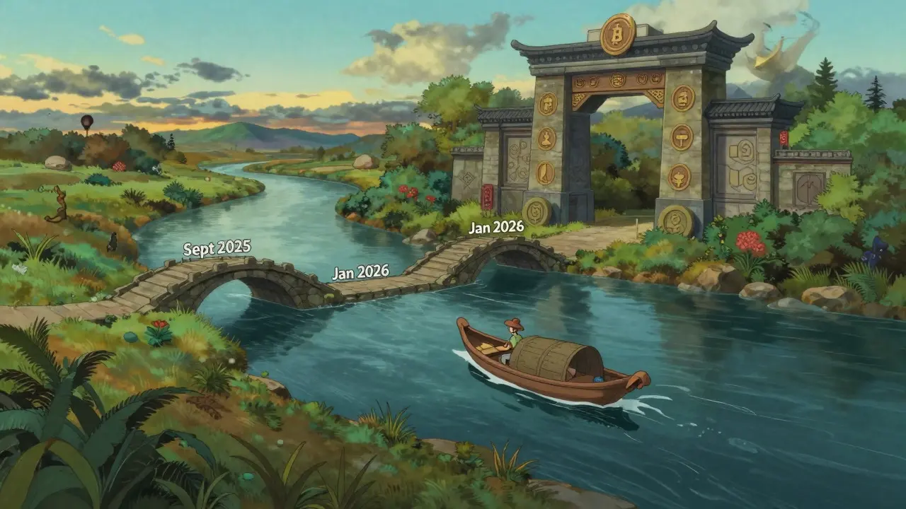 Ghibli-style metaphor of a crypto user navigating a timeline river toward regulated compliance in Vietnam.