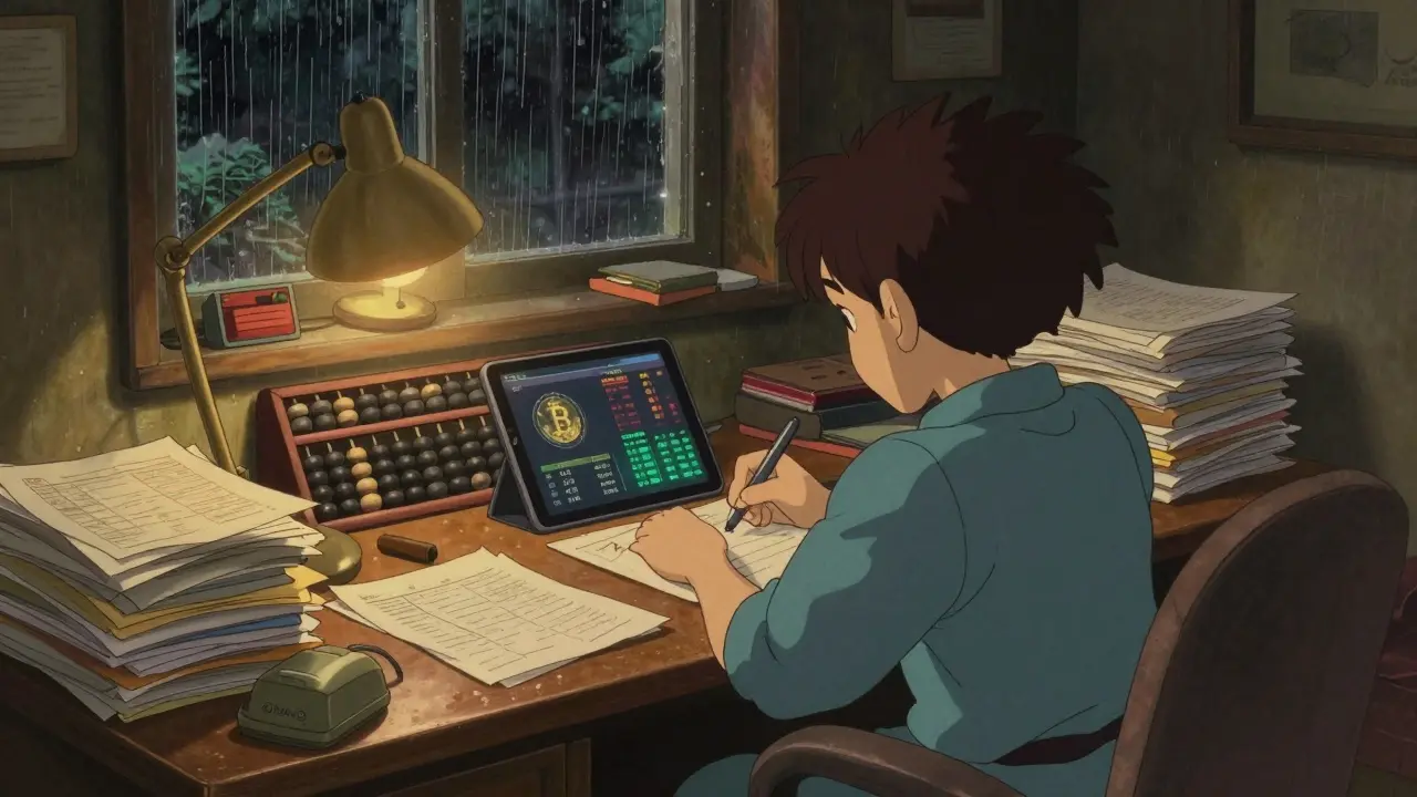Ghibli style: Person organizing crypto records and taxes at home