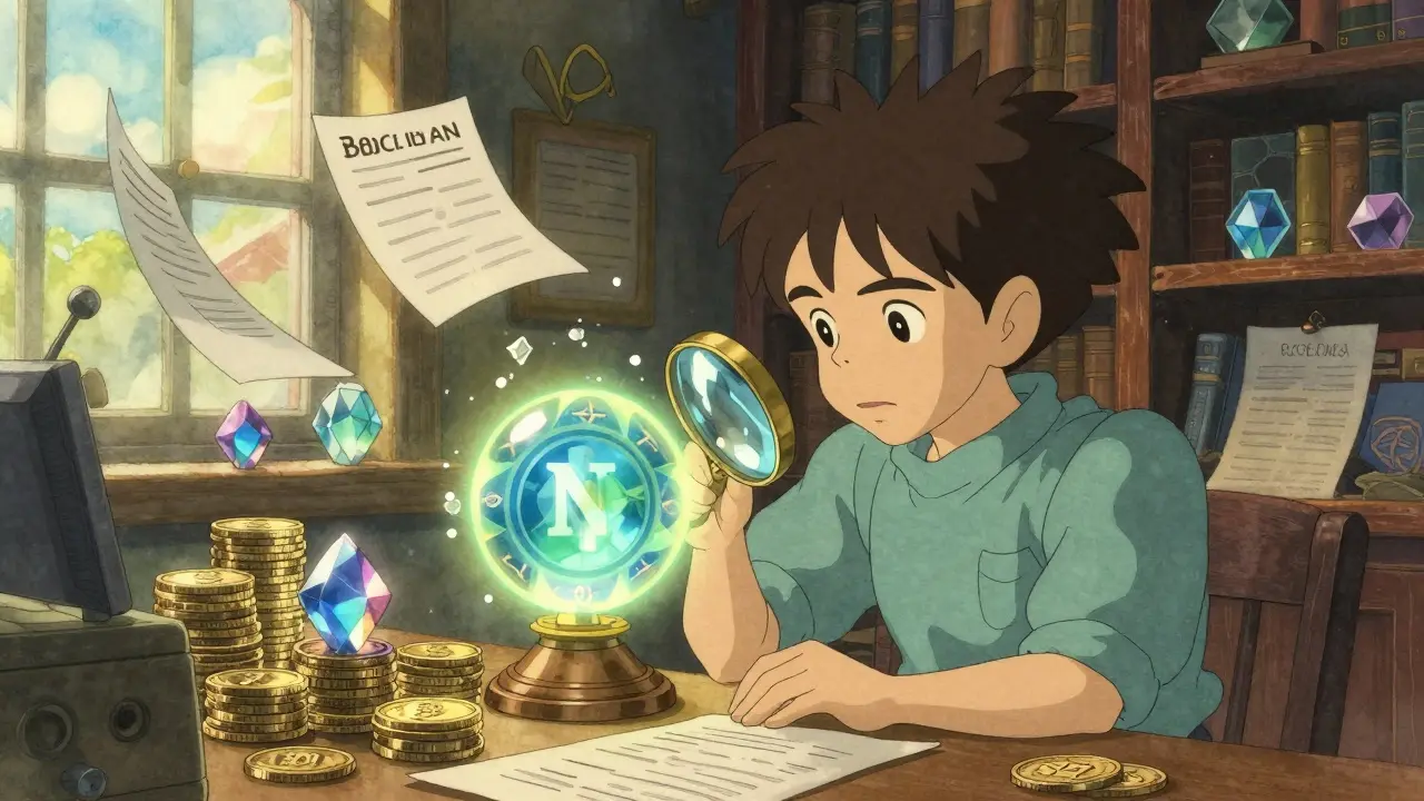 Ghibli-style scene of a person inspecting an NFT and stablecoins in a sunlit room.