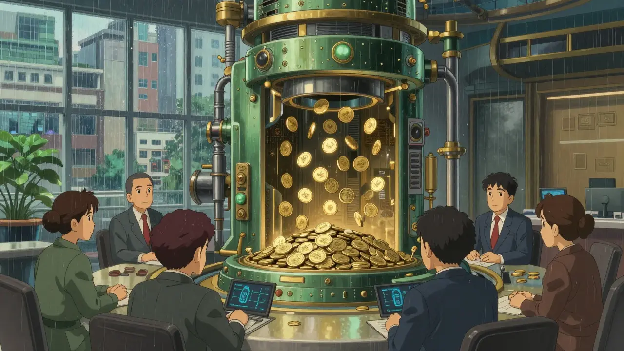 Ghibli-style scene of a regulated crypto exchange converting digital assets to Vietnamese Dong in a grand building.